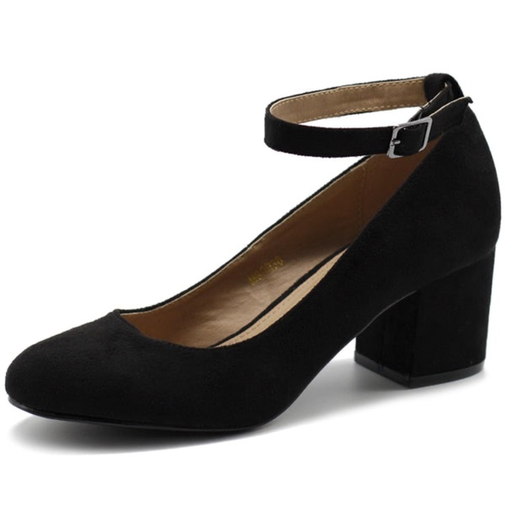 Ollio Mary Jane’s Faux Suede Basic Chunky Mid Heel Ankle Strap Pumps Size 7